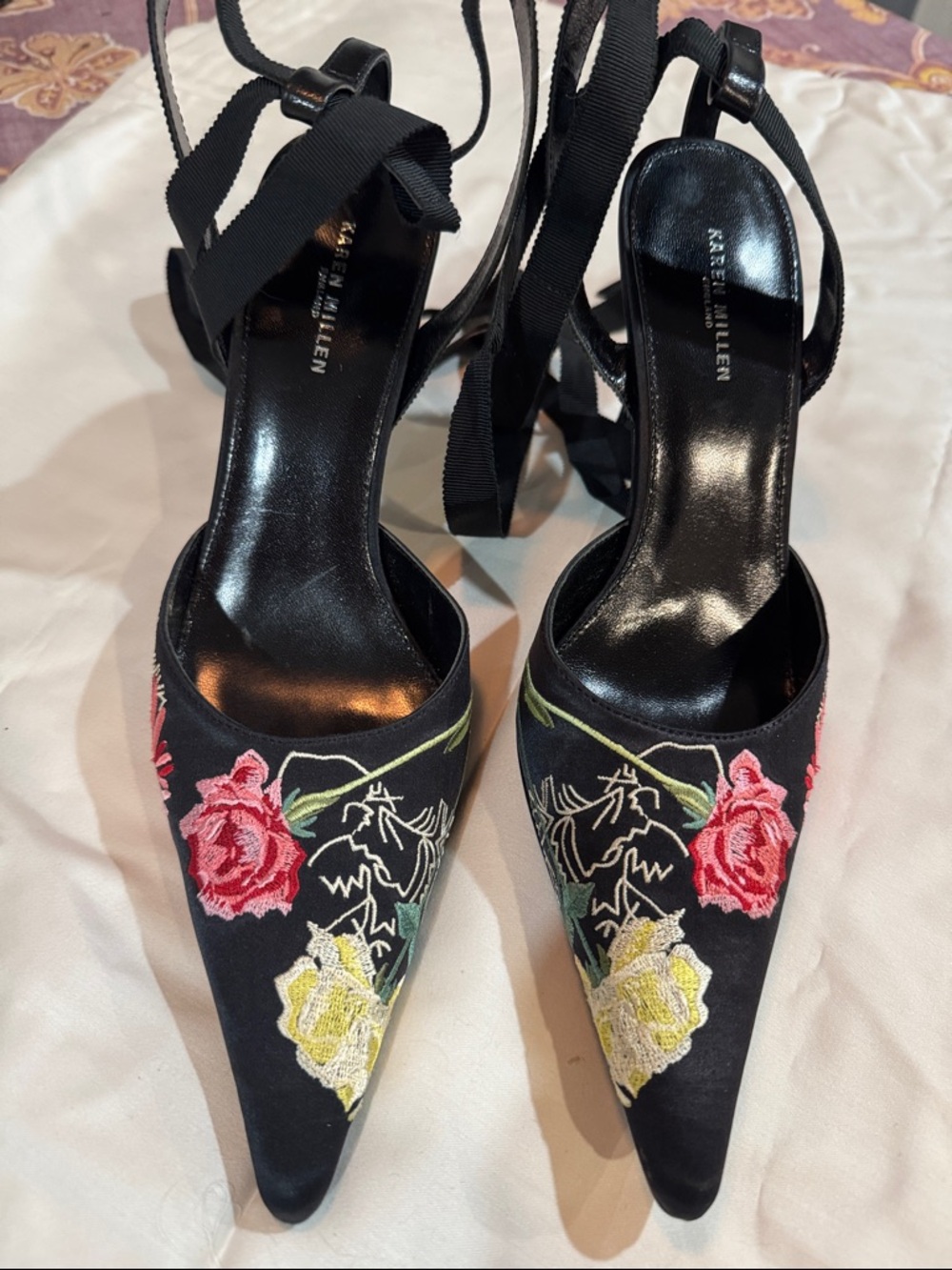 Karen Millen Black Pointed-Toe Embroidered Ankle-Tie Heels